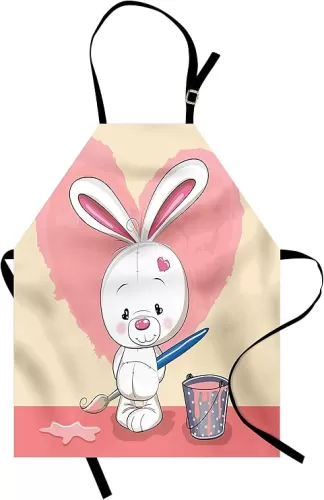 Lunarable Rabbit Apron, Shy Bunny Painting a Pink Heart on the Wall Heart Shaped Eyes Ears, Unisex Kitchen Bib with Adjustable Neck for Cooking Gardening, Adult Size, Pink Cream