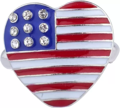 LUX ACCESSORIES Silver Tone American Flag Theme Heart Shaped Rhinestones Ring