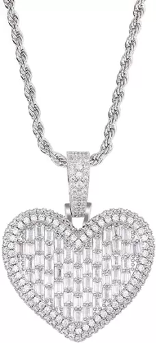 LuxeFlex Iced Out Heart Shaped Pendant with 20" Rope Chain, Gold Silver Color Cubic Zirconia Diamond-studded Heart Charm Necklace, Hip Hop 14k Real Gold-plated Heart Jewelry for Girl Woman
