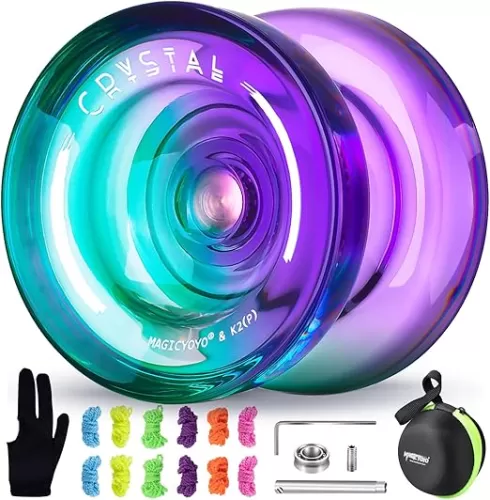 MAGICYOYO K2 Responsive Yoyo for Kids 8-12 Above, Professional Unresponsive Yoyo with Deep Finger Dimples for Spin Tricks with Bearing Tool, 12 Strings, Storage Case, Yo Yo Glove (Green+Purple)