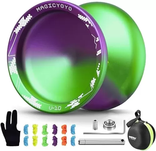 MAGICYOYO V10 Black Blue Unresponsive Yoyo Professional Finger Spin Yoyo with 12 Yoyo Strings, Yoyo Case, Yoyo Glove(Purple Green)