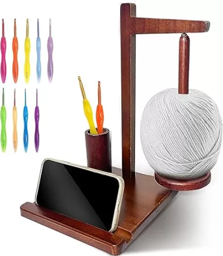Magnetic Yarn Holder for Crocheting & Knitting, Wooden Yarn Spinner with 360° Rotation & Phone Stand, Yarn Ball Holder, Yarn Organizer for Crochet Lovers, Portable Yarn Crochet Accessories