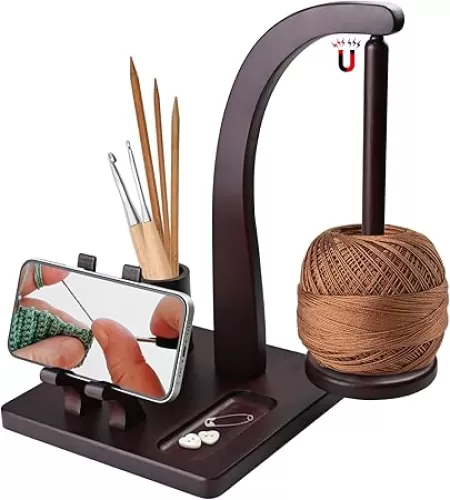 Magnetic Yarn Holder for Knitting and Crocheting, Wooden Yarn Spool Rack with Phone Stand Crochet Accessories Storage and 9 crochet hooks, Yarn Ball Holder Spinner, Crochet Gifts for Crocheters Lovers
