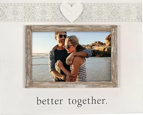 Malden International Designs 4x6 Better Together Picture Frame Better Together Sentiment White MDF Wood Frame Raised Rustic Brown Inner Wood Moulding Heart Shaped Wood Attachment Screenprinted Text Beige