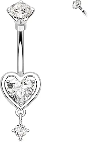 Melighting 14G Heart Belly Button Ring Stainless Steel 316L Dangle Belly Piercing Navel Barbell Clear CZ Belly Jewelly For Women 10mm