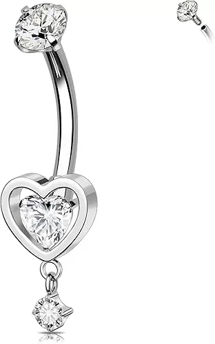 Melighting Heart Titanium Belly Button Ring Internally Threaded 14G Dangle Belly Ring Belly Piercing Jewelry Titanium G23 Naval Ring Clear Cz Body Piercing Jewelry