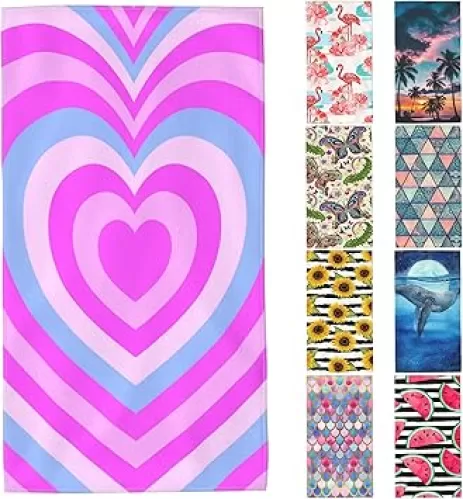 Microfiber Beach Towels, Valentine's Day Pink Blue Heart Stripe Tunnel Oversized Absorbent Bath Towels, Soft Quick Dry Thin Camping Towel for Adults Women Men, 29.5"×59"