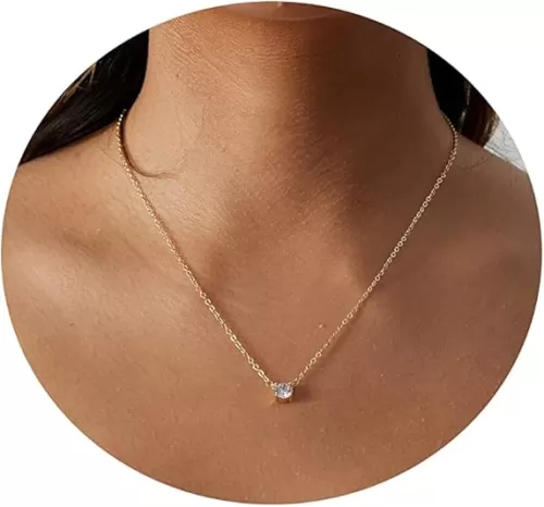 MIDEEO CZ Diamond Necklace for Women Dainty Layered Cubic Zirconia Solitaire Pendant Necklace Gold Plated Waterdrop Shape Square Emerald Green CZ Simulated Diamond Bridesmaid Necklace