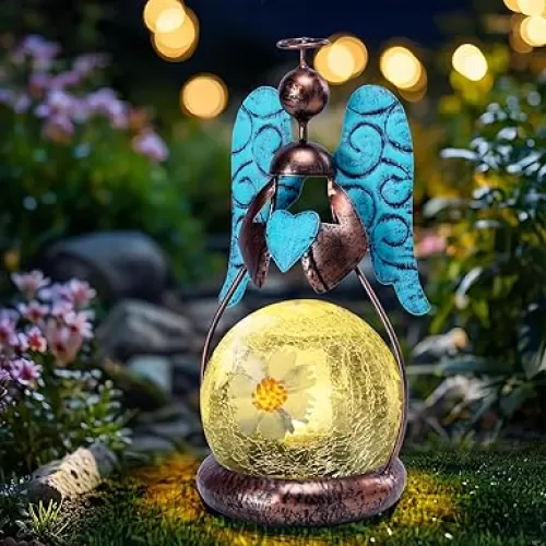 MUMTOP Angel Solar Lights Outdoor Garden - Solar Lanterns Light Decorative Waterproof with Glass Cracked Globe Tabletop Lantern Lamp Ornaments for Yard Patio Decor Gift (Hold Heart)