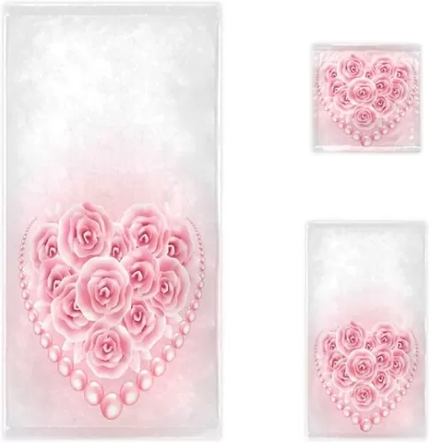 Naanle Beautiful Pink Roses Pearl Heart Shape Soft Luxury Decorative Set of 3 Towels, 1 Bath Towel+1 Hand Towel+1 Washcloth, Multipurpose for Bathroom, Hotel, Gym, Spa and Beach