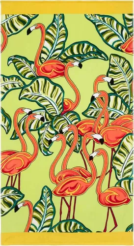 Nicole Miller - Beach Towel, Soft & Absorbent Cotton Sheared Velour, Printed Beach Accessories (Flamingo & Leaves, 36" x 68")