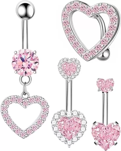 Nipple Ring and Belly Button Ring Set 14G Stainless Steel Sparkly Pink CZ Heart Bar Barbell Nipple Belly Piercing Body Jewelry