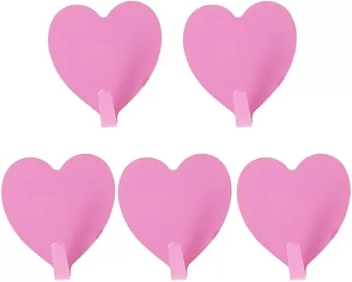 NUOBESTY Coat Hooks Wall Mounted Coat Rack Closet Hooks Heart Shaped Multifunctional Self Adhesive Door Hook Hanger Home Organizer Tool Pink