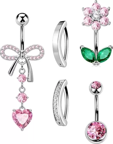 OUFER 5PCS Belly Button Rings, Cute Bow Flower Heart Dangle Navel Belly Piercing Jewelry, Clicker Navel Rings for Women Men, 14G Surgical Steel Dainty Dangly Dangling Body Piercing Jewelry