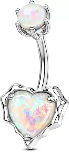 OUFER Belly Button Rings, 14G Heart Belly Piercing Jewelry, Pave Heart Opal Belly Rings, 316L Surgical Steel Navel Piercing Jewelry For Women Men