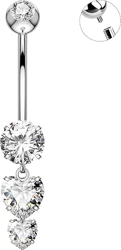 OUFER Belly Button Rings, 14G Heart Shaped Pendant Belly Button Piercing, G23 Solid Titanium Internally Threaded Belly Rings, Clear CZ Pendant Navel Piercing Jewelry For Women