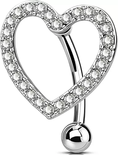 OUFER Belly Button Rings, Heart Reverse Navel Rings, Paved CZ Crystal Belly Piercing Jewelry, 14G Surgical Steel Curved Barbells for Women