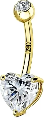 OUFER Gold Belly Button Rings, 14K Solid Gold Internally Threaded Belly Rings, Heart Shaped Belly Button Piercing, Clear CZ Belly Piercing Jewelry, Navel Rings