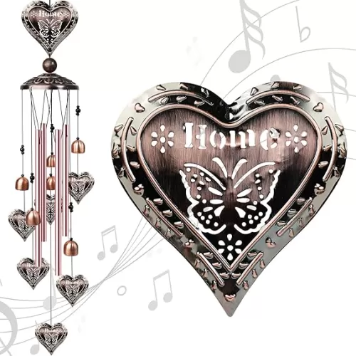 Outdoor Heart-Shaped Wind Chimes, Romantic Valentine's Day Decor with 4 Heart Pendants and Bells, Valentines Day Gifts, Decorative Copper Windchimes, Birthday Gifts for Her, Mom, Grandma