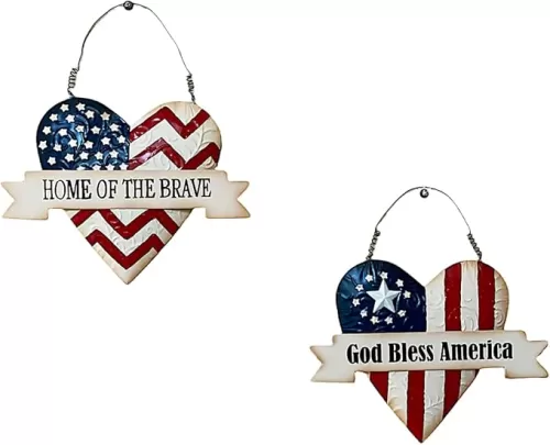 Patriotic American Signs Heart Shape American Flag Metal Wall Decor Office Business Rustic Hanging 10" x 12" (S/2 Heart Shape)