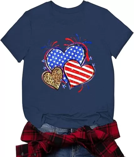 Patriotic Shirts July 4th Shirts for Women American Flag Heart T-Shirts USA Fourth of July Casual Tee Top