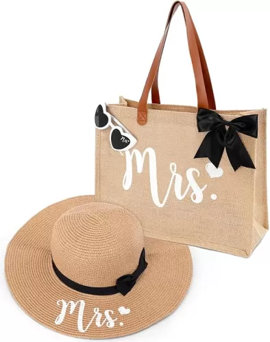 Percozzi Mrs. Tote Bag Sun Hat Glasses Set Bride-To-Be Bridal Shower Gift with Cute Heart Basket for Bride Wifey Honeymoon Jute Tote Bag Kit Summer Beach Present for Friend Set of 3