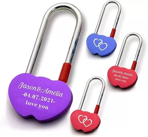 Personalized Love Lock for Her Engraved Padlock for Him Girls Couples Lover Custom Gift for Birthday Trip Travel Anniversary Wedding Valentines Day in Double Heart Shape (Purple)