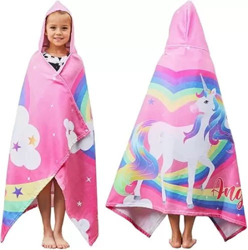 Personalized Unicorn Hooded Bath Towels for Kids Ages 4-8 8-10, Customized Hooded Beach Towels for Girls with Name, Custom Heart Shape Unicorn Soft Bath Towels with Hood for Pool Swimming