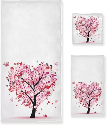 Pfrewn Pink Flowers Heart Tree Towels Set of 3 Romantic Love Spring Trees Butterfly Bathroom Towel Soft Absorbent Bath Hand Towels Washcloth Guest Towel Sets Mother's Valentine's Day Decorations