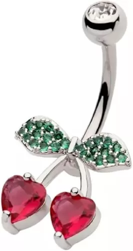 Pierced Owl 14GA 316L Stainless Steel Red CZ Crystal Heart Shaped Cherry Belly Button Ring