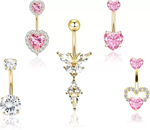 Pink Heart Shaped Belly Button Ring, Stainless Steel Belly Button Ring, Pierced Jewelry