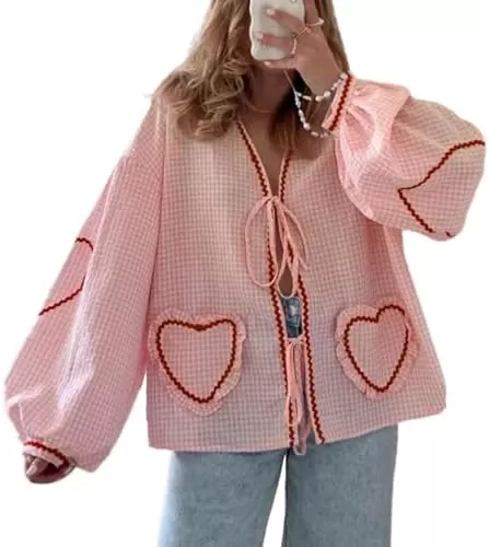 POHADON Cute Heart Tie Front Tops Puff Long Sleeve Blouse Bow Top Trendy Babydoll Shirts Y2K Aesthetic Summer Tops for Women