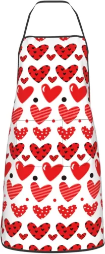 Red Heart Aprons Women 2 Pockets Kitchen Chef Cooking Baking Bib Apron Men for Valentines Day Gifts