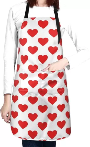 Red Pink Heart Print Aprons Adjustable Washable Aprons for Couples Decor