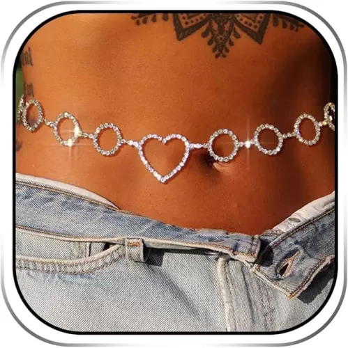 Reetan Crystal Body Chains Silver Belly Body Chain Heart Waist Chain Party Nightclub Body Jewelry Accessories for Women and Girls