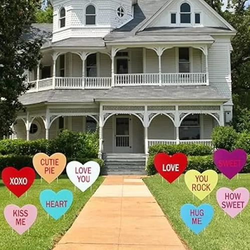 Remerry 12 Pieces Valentine‘s Day Conversation Hearts Yard Signs with Stakes Large Valentines Yard Lawn Decor Heart Shape Valentine Sayings Lawn Signs for Walkway Outdoor Decorations(Classic Style)