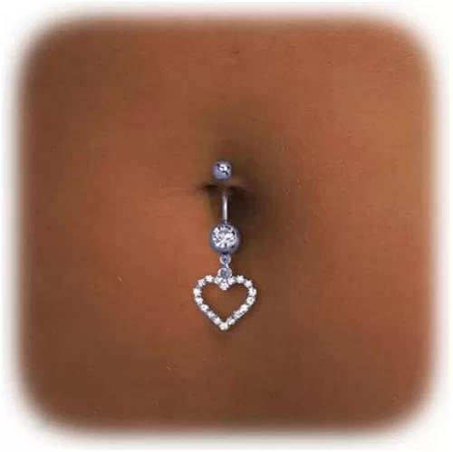 Rhinestone Dollar Sign Belly Button Ring Summer Navel Piercing Dangle Belly Button Rings Bars Bikini Waist Body Jewelry for Women (Heart&silver)