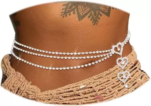 Rhinestone Waist Belly Chain Silver Heart Body Chain Sexy Body jewelry for Women