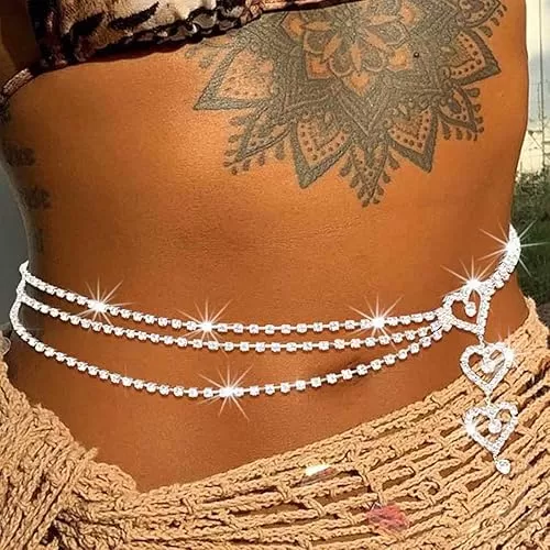 Rhinestone Waist Chain Layered Body Chain Heart Sliver Belly Chain Nightclub Party Body Jewelry Accessories For Women
