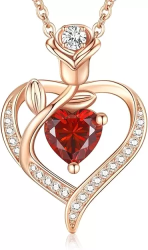 Rose Heart Birthstone Necklace for Women Rose Gold Sterling Silver Gemstone Heart Necklace