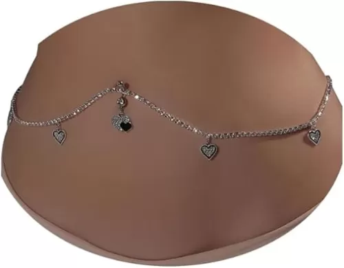 Sexy Rhinestone Waist Chain with Heart Dangle Summer Crystal Button Navel Piercing Belly Ring Bikini Festival Rave Dancer Body Chain Jewelry for Women