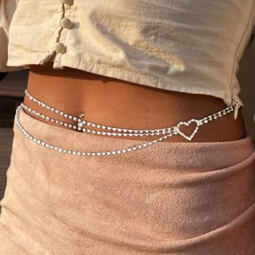 Sparkly CrystaL Love Heart Waist Body Chain Silver Statement Sexy Layer Bikini Belly Body Chain Party Body Jewelry for Women and Girls