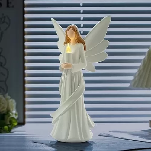 Starryfill 12.2inch Tall Angel Figurine Holds Candle with Timer, Battery Powered Handcrafted Resin Decorative Statue As Gift for Your Family Friends or Home Décor Spiritual Gifts Meditation Spaces