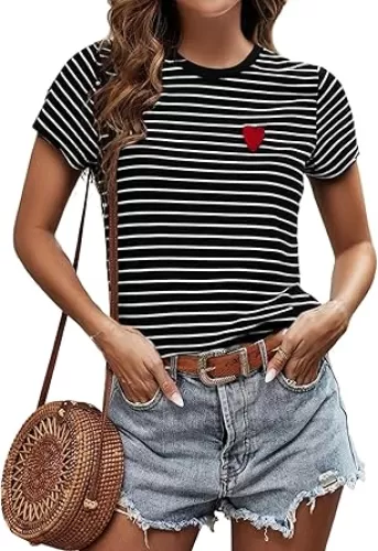 Striped Shirt for Women Casual Heart Short Sleeve Tops Embroidered Striped T Shirts Crew Neck Short Sleeve Tee Tops