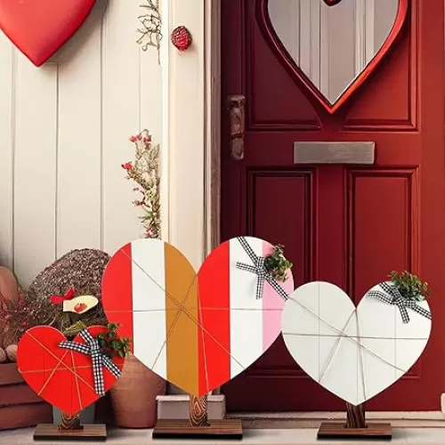 Suzile 3 Pcs Valentine's Day Porch Standings Large Wooden Heart Outdoor Decor Heart Outdoor Standing Valentines Yard Decor Valentines Day Porch Sign for Lawn Wedding Anniversary Party, 3 Styles