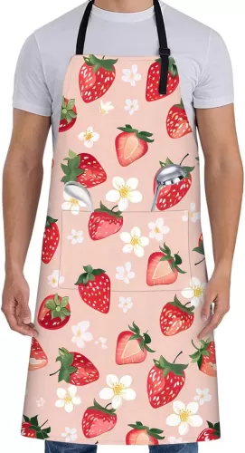 Sweet Red Strawberry Apron for Women, 28x33in, Juicy Fruit Kitchen Aprons with 2 Pockets, Oxford Fabric, Food Lovers Adjustable Apron for Cooking Baking Gardening Chef, Gifts for Mom Wife