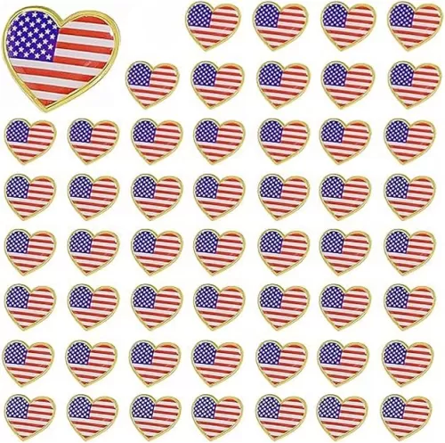 TANG SONG 50PCS Heart Shape American Flag Waving Lapel Pins United States USA Badge Pin Patriotic Enamel Suit Jacket Lapel Pins(1" in width)