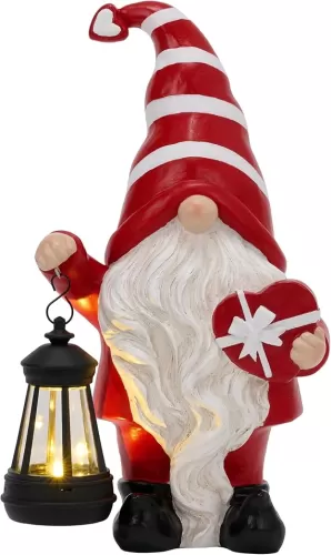 TERESA'S COLLECTIONS Garden Gnome Decorations for Outside, Resin Gnomes Holding Heart-Shaped Gift Box and Solar Lantern, Fathers Gifts for Husband, Outdoor Decor for Dad and Mom, 12"
