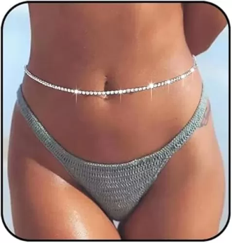 Tgirls Crystal Waist Chains Silver Sexy Layered Heart Rhinestone Belly Bikini Body Chains Sparkly Love Waist Body Jewelry for Women