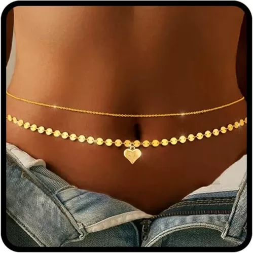 Tgirls Gold Waist Chain for Women Rhinestone Layered Belly Chains Beads Body Chain Heart-Shaped Beach Body Jewelry for Summer